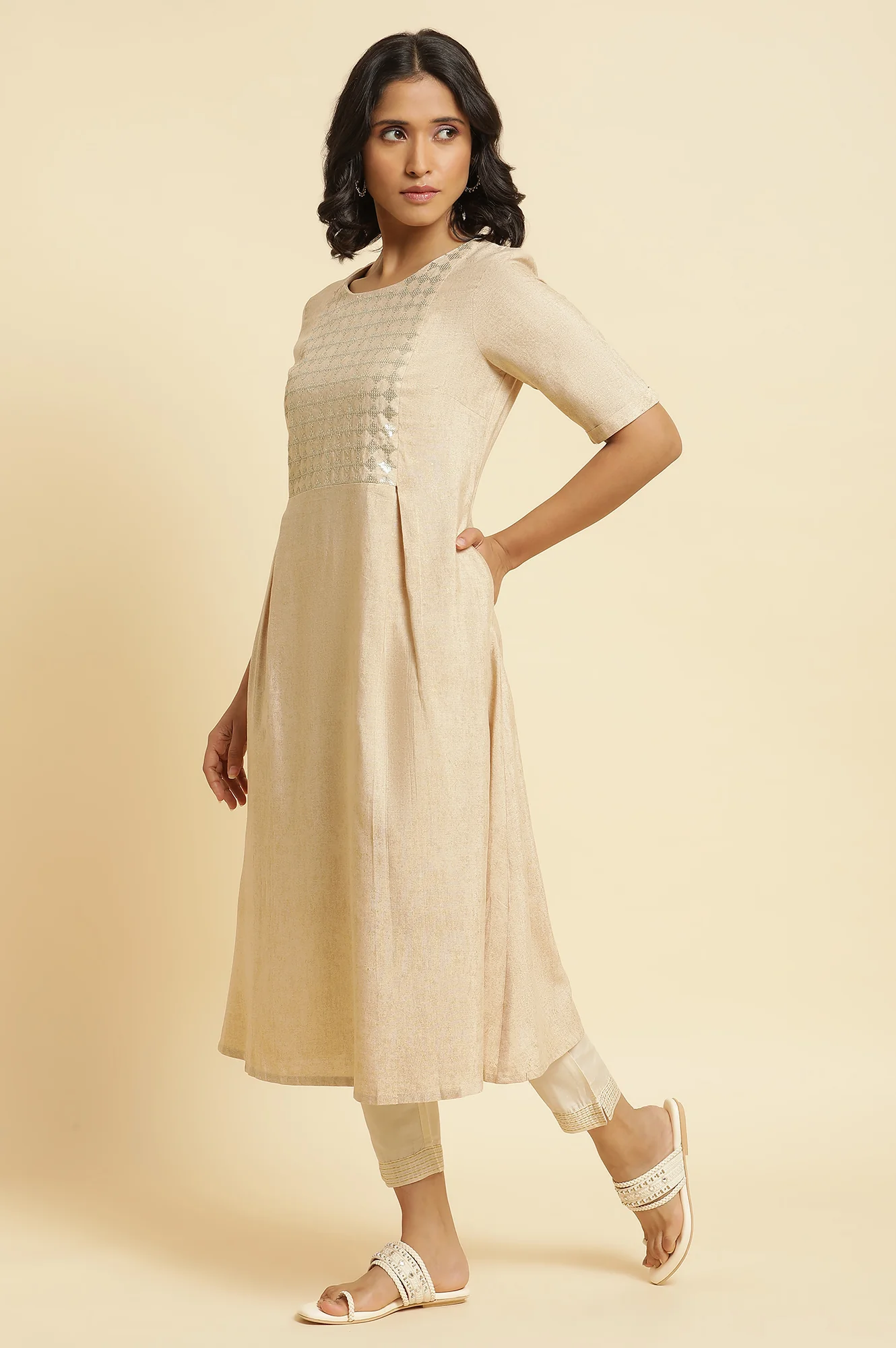 Almond Beige Sequin A-Line Kurta & Pants Set - Image 3