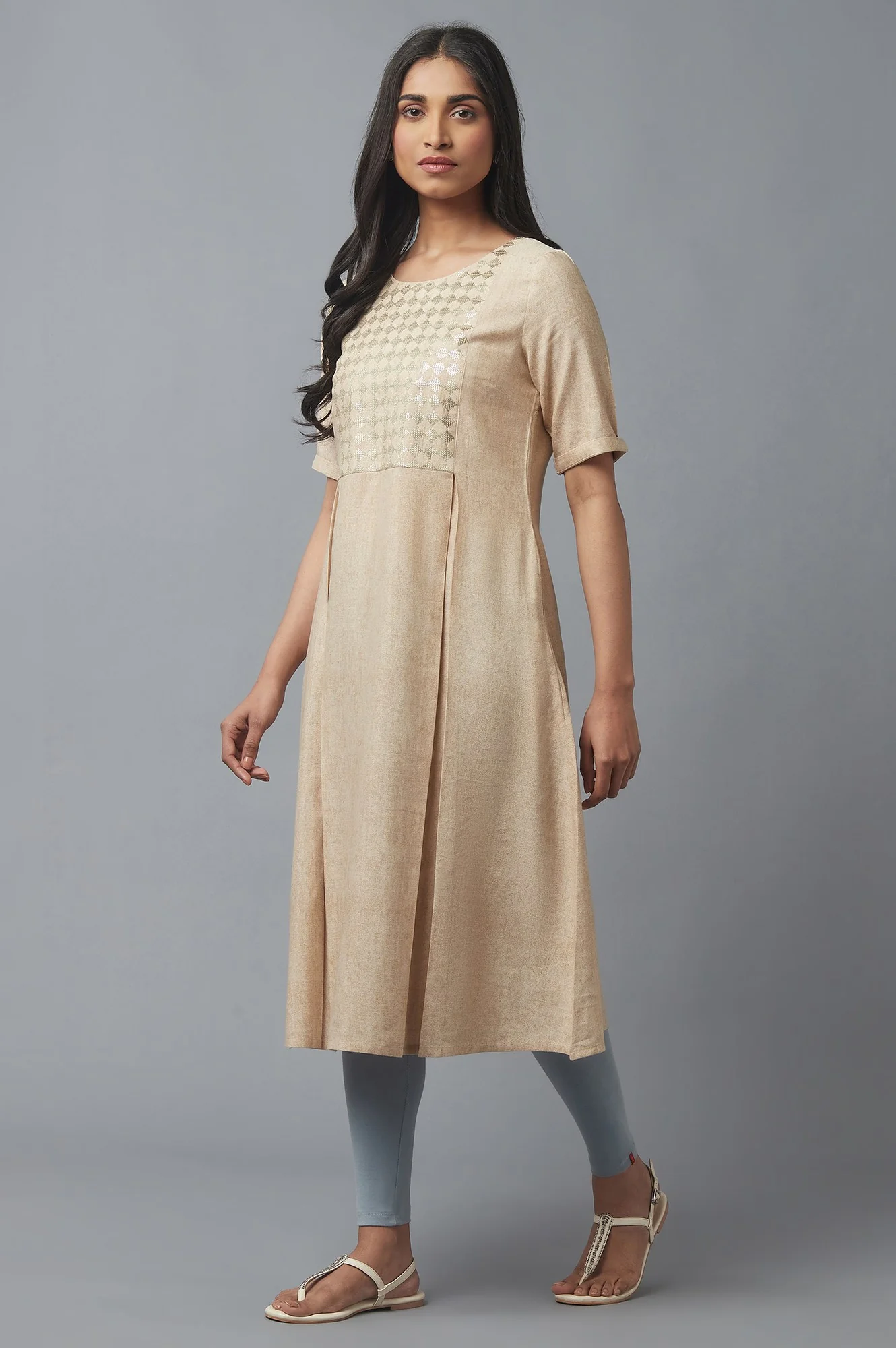 Almond Beige Sequin Work kurta - Image 3