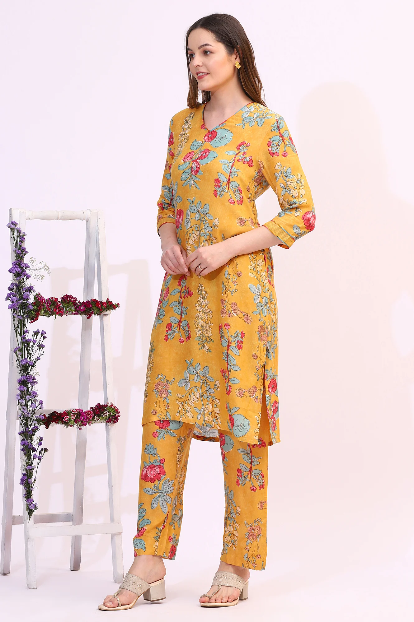 Amber Yellow Floral Printed Modal Straight Kurta, Pants and Dupatta Set - Image 6
