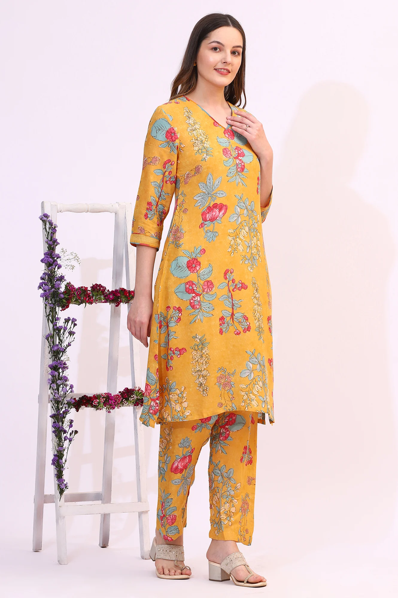 Amber Yellow Floral Printed Modal Straight Kurta, Pants and Dupatta Set - Image 8