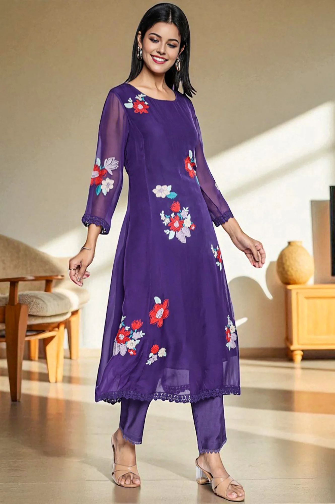 Amesthyst Purple Solid Printed Organza A-Line Kurta, Straight Pant and Dupatta Set - Image 5