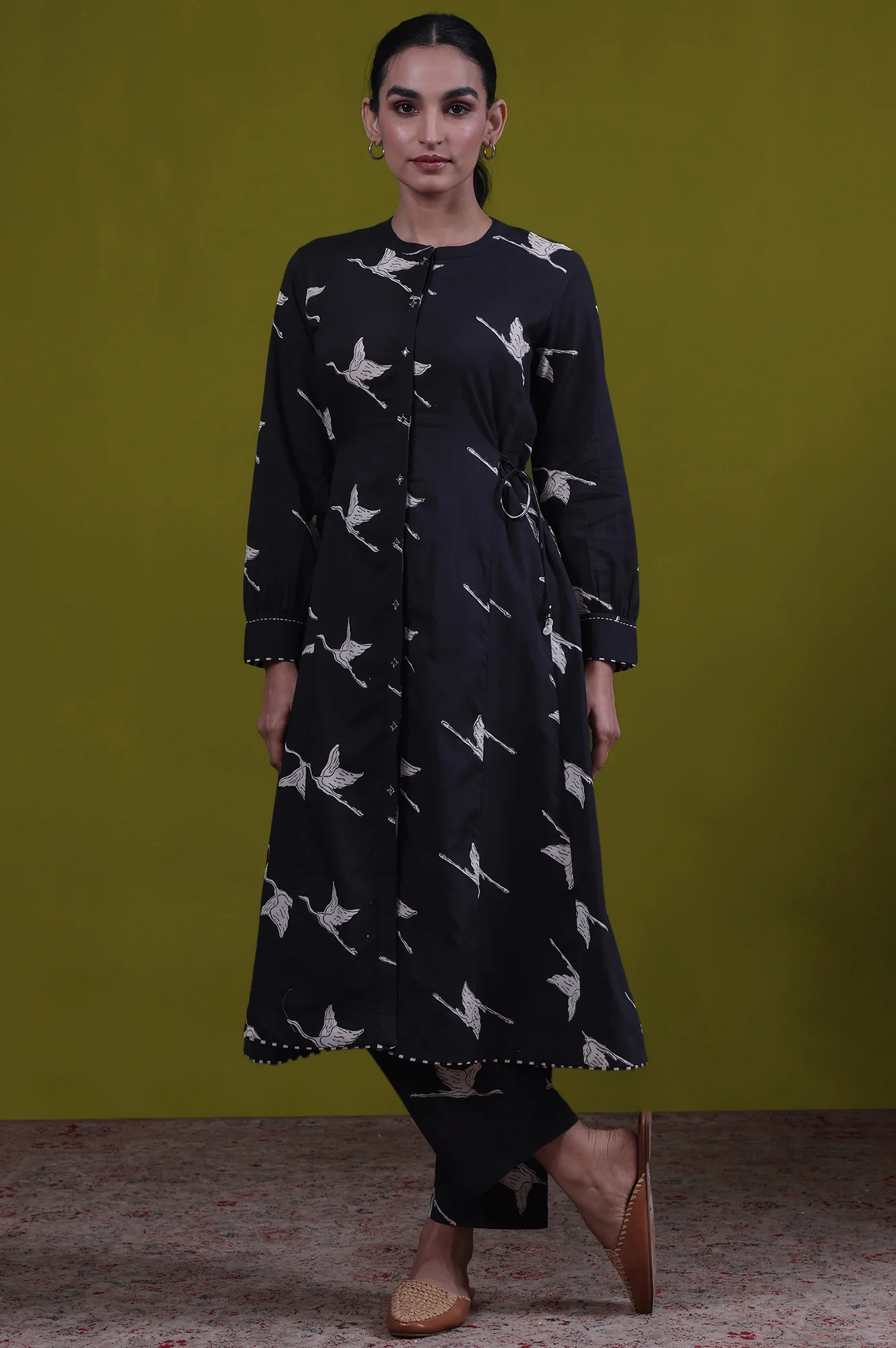 Animal Printed Mirror work A-line Pure Cotton Kurta with Straight Pants Set - Image 3