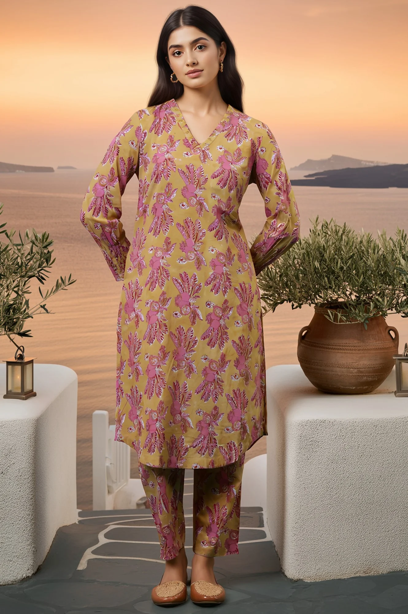 Apple Yellow Hand Block Printed Cotton Kurta and Pants Co-ord Set