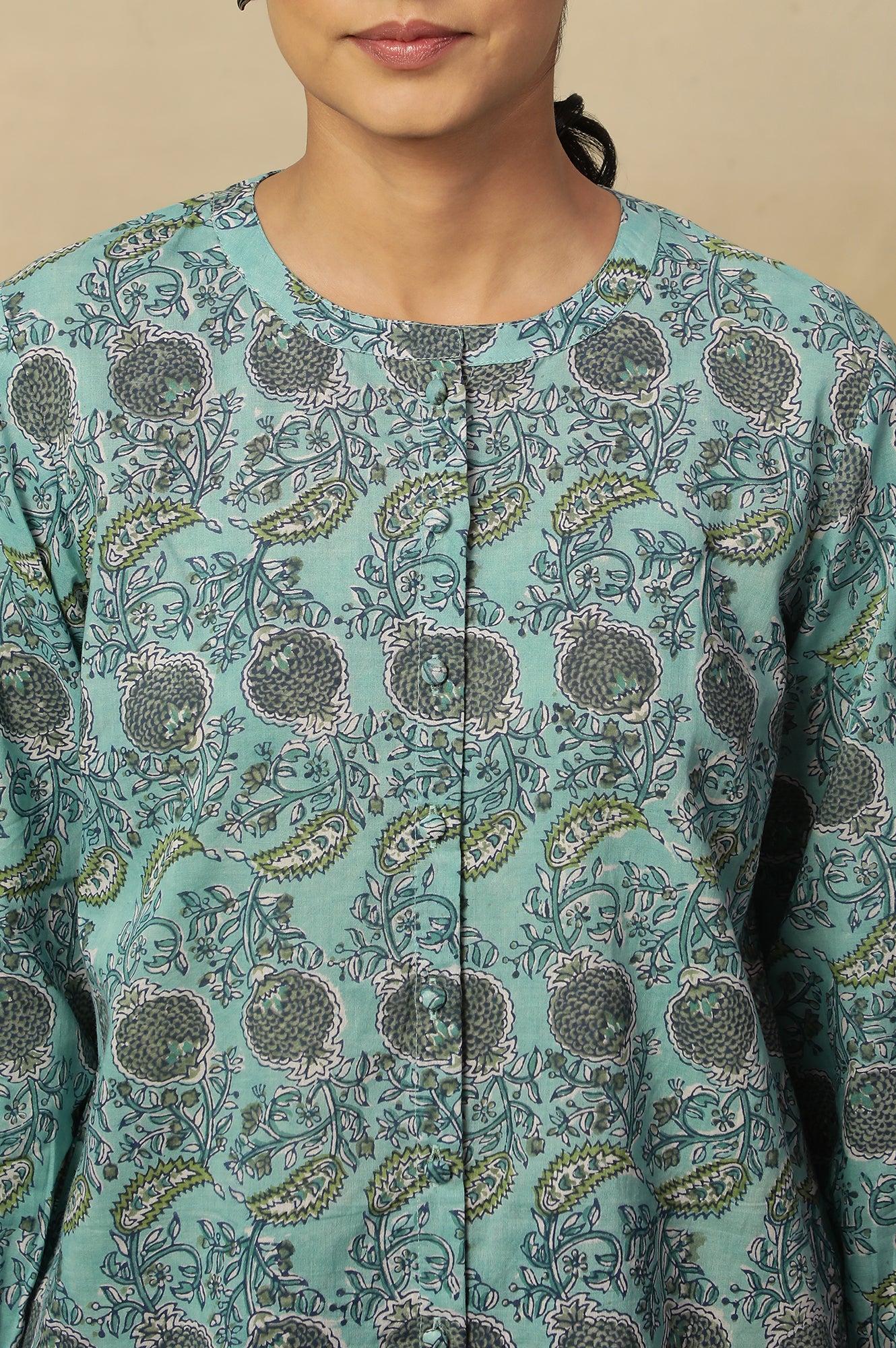 Aqua Blue Block Print Top With Gathered Sleeves - Image 6