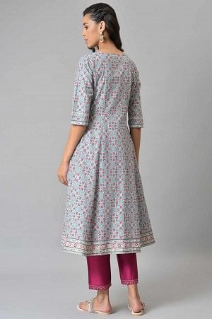 Aqua Blue Cotton Printed Flared kurta with Pink Straight Pants - Image 2