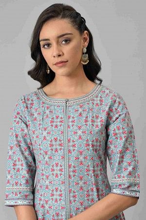 Aqua Blue Cotton Printed Flared kurta with Pink Straight Pants - Image 4