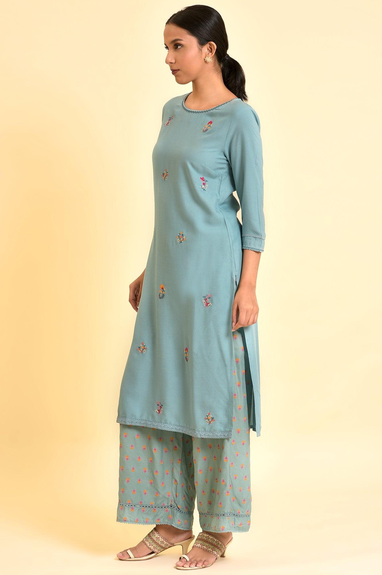 Aqua Blue Floral Embroidered Kurta And Parallel Pants Set - Image 4