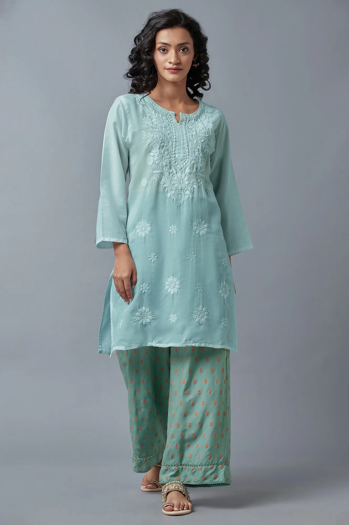 Aqua Blue Floral Printed Parallel Pants - Image 5