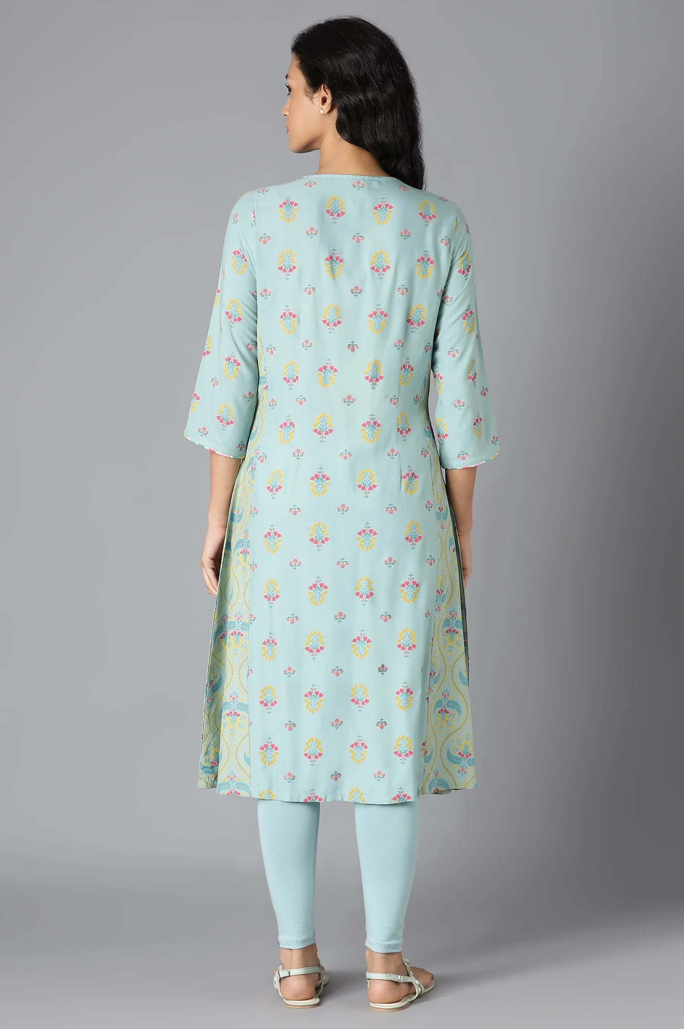 Aqua Blue Printed A-Line kurta With Thread Embroidery - Image 2