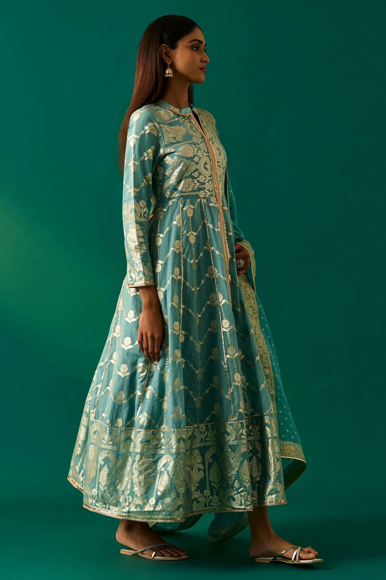 Aqua Green Zari Embroidered Jacquard Anarkali and Dupatta Set - Image 2