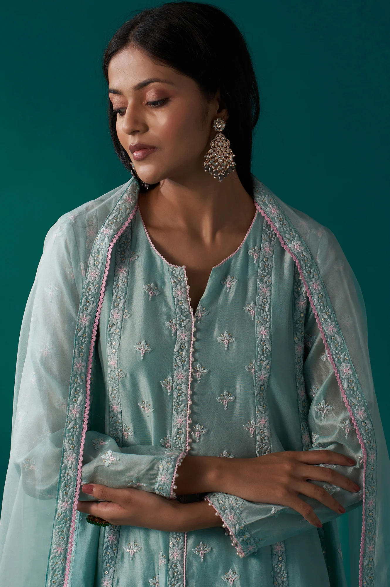Aqua Mint Thread Embroidered Silk Chanderi Flared Kurta, Straight Pant and Dupatta Set - Image 3