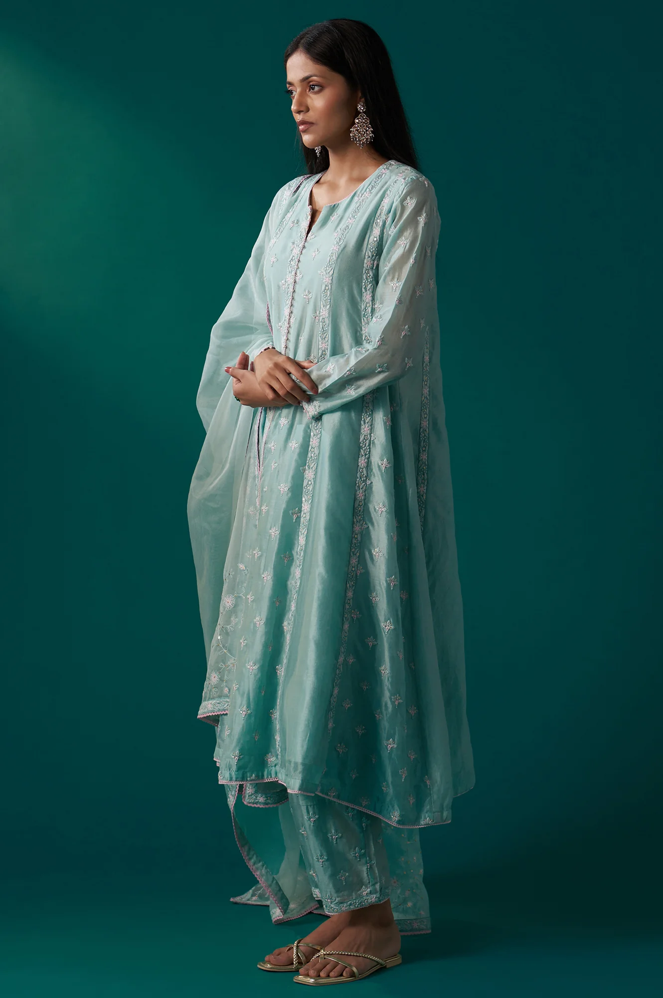 Aqua Mint Thread Embroidered Silk Chanderi Flared Kurta, Straight Pant and Dupatta Set - Image 4