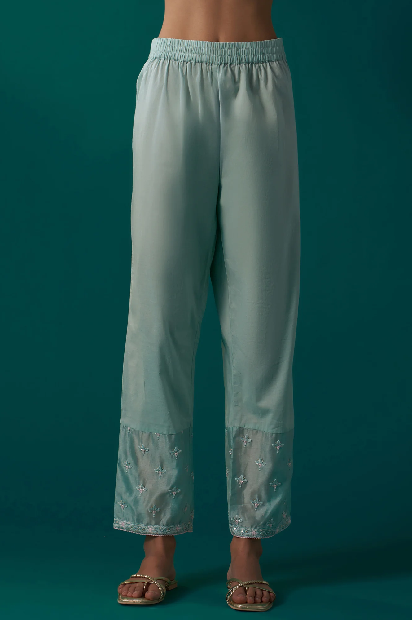 Aqua Mint Thread Embroidered Silk Chanderi Flared Kurta, Straight Pant and Dupatta Set - Image 7