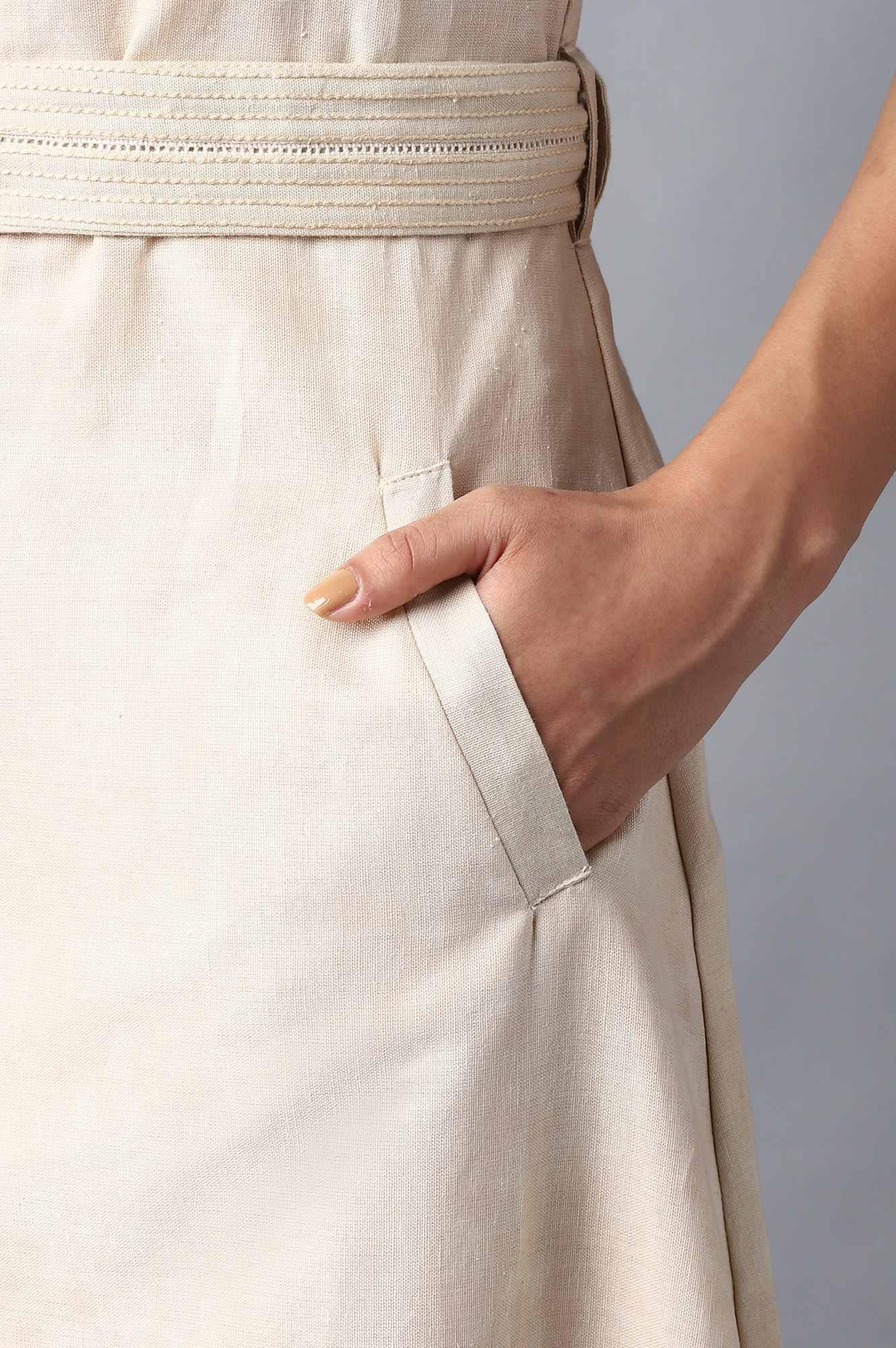 Beige Solid Pure Cotton Lapel Collar A-Line Dress - Image 6