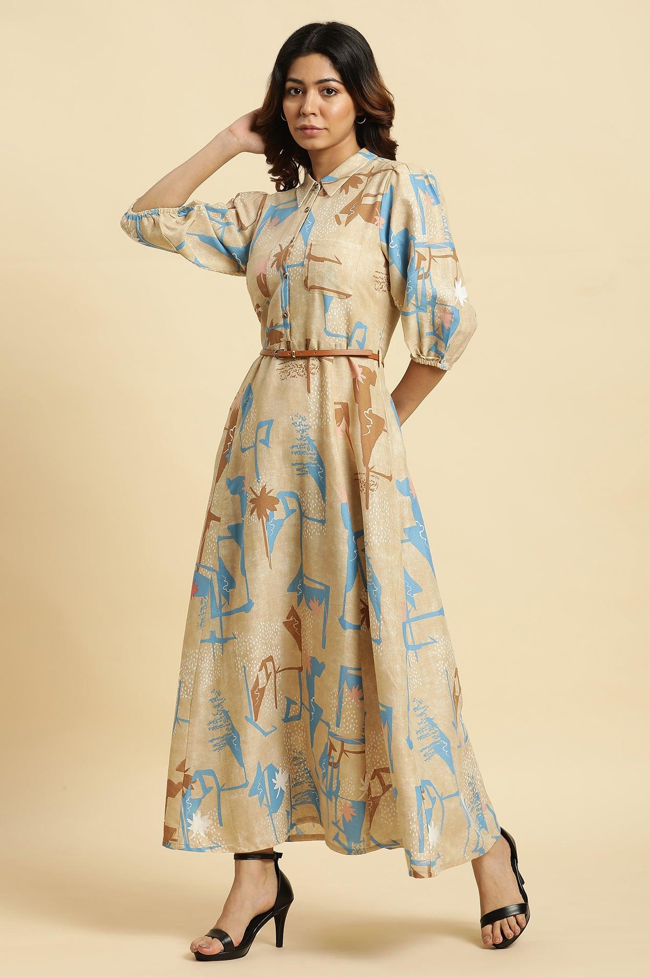 Beige Abstract Printed Maxi Dress with Belt – Western Style - Image 3