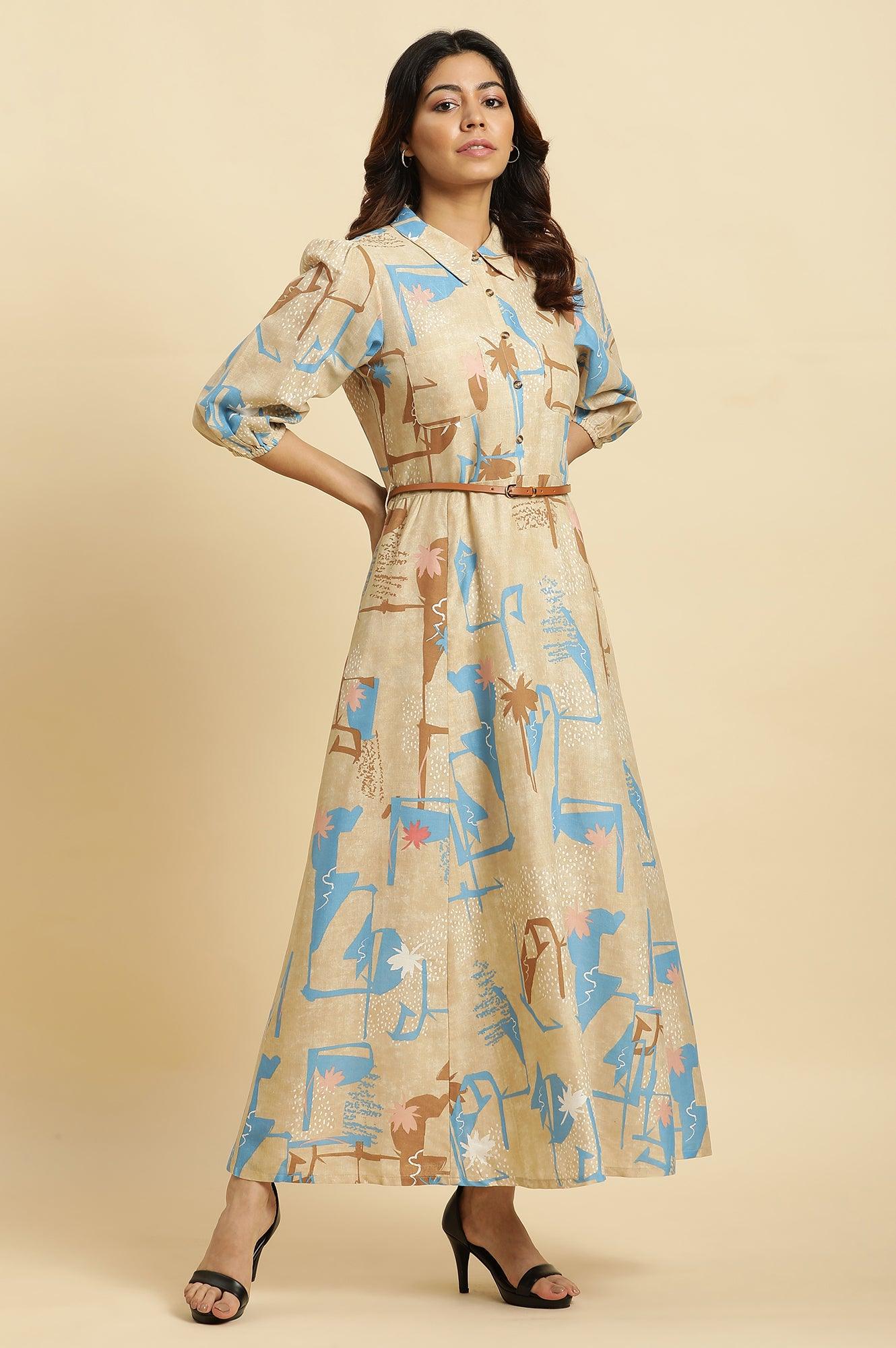 Beige Abstract Printed Maxi Dress with Belt – Western Style - Image 5