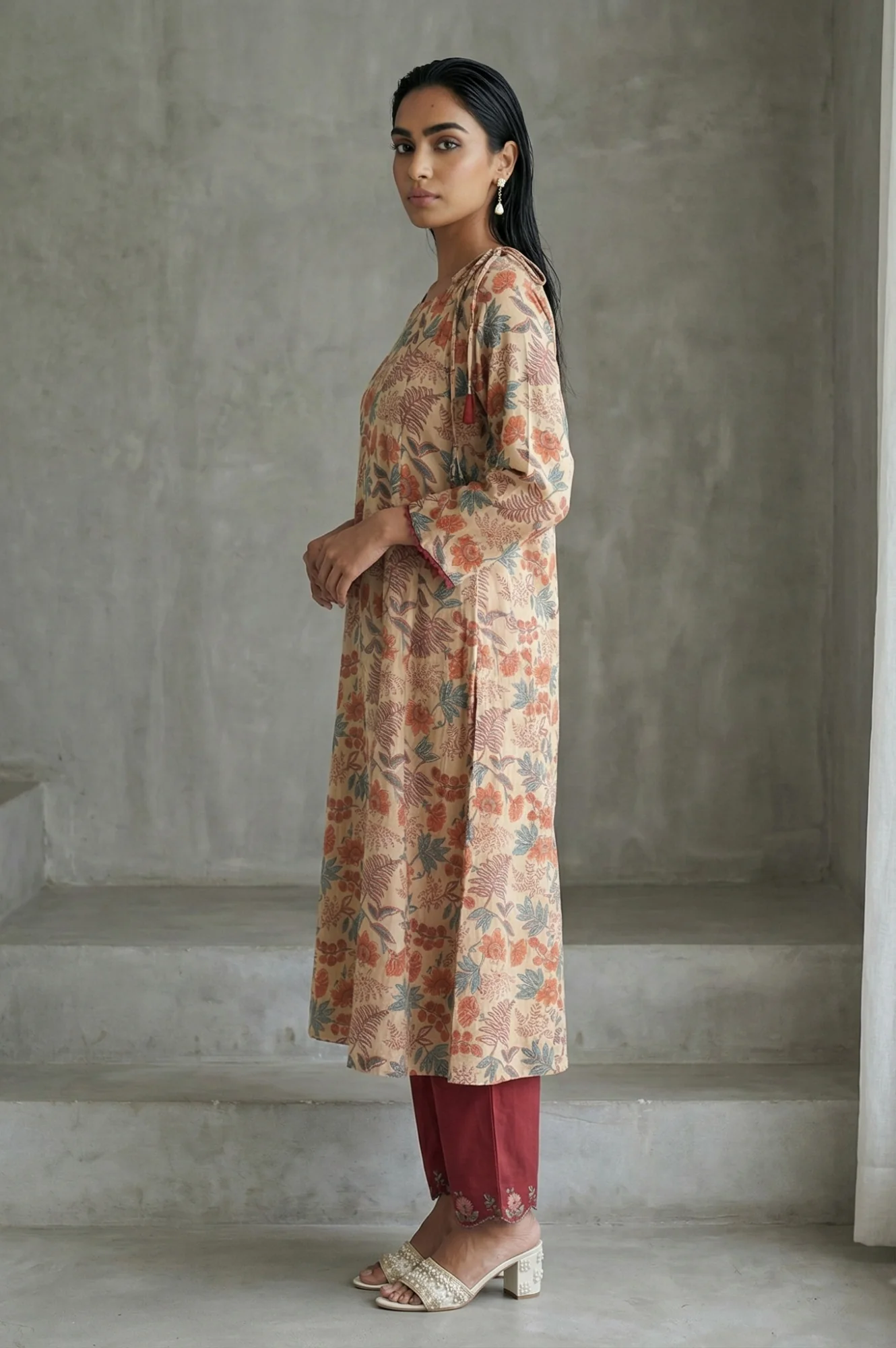 Beige Block Printed Tassel Pure Cotton A-line Kurta - Image 3