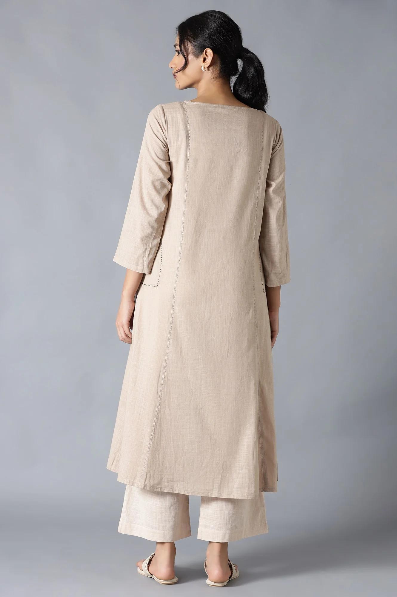 Beige Classic A-Line kurta With Kantha In Round Neck - Image 2