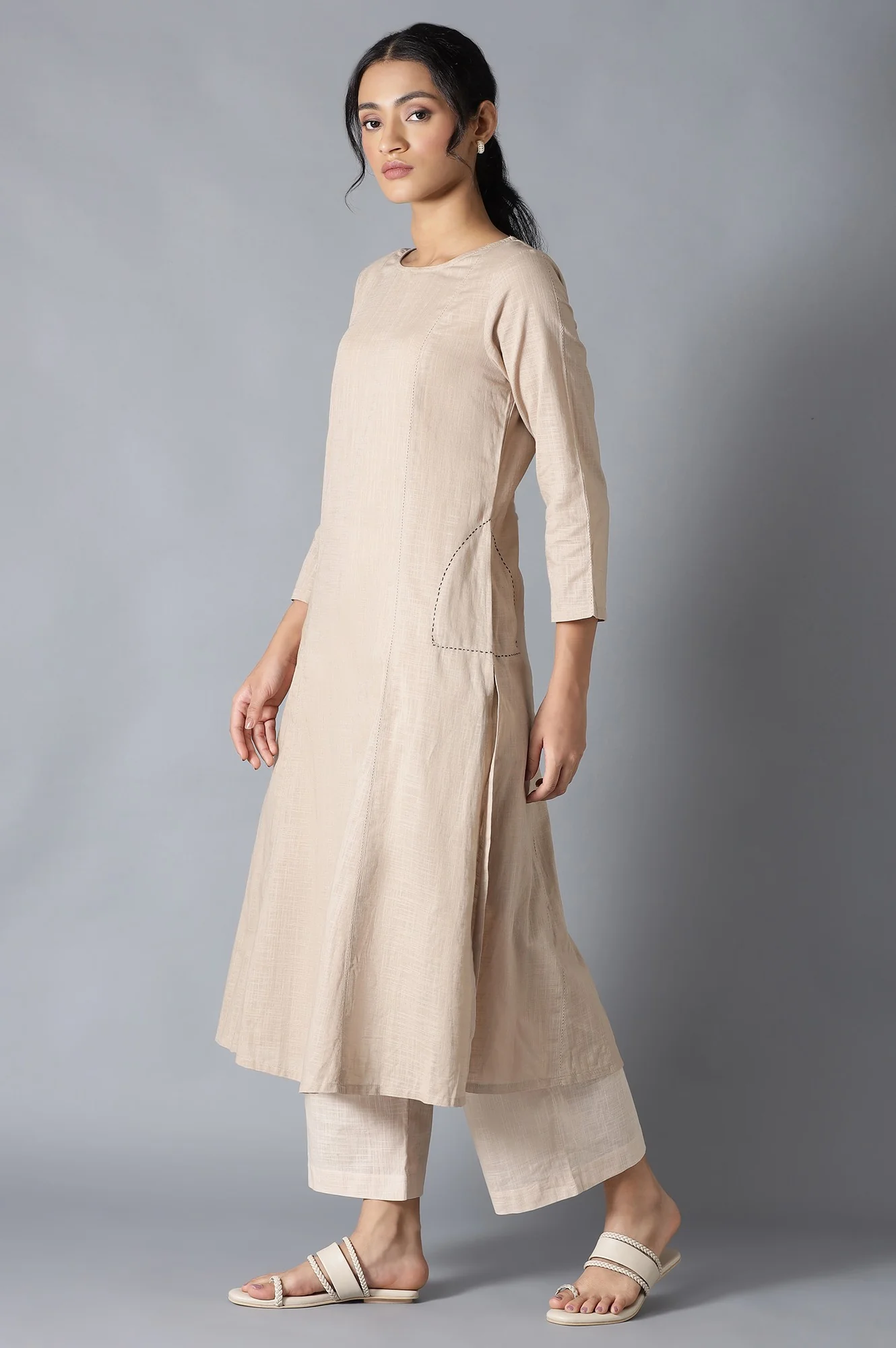 Beige Classic A-Line kurta With Kantha In Round Neck - Image 3