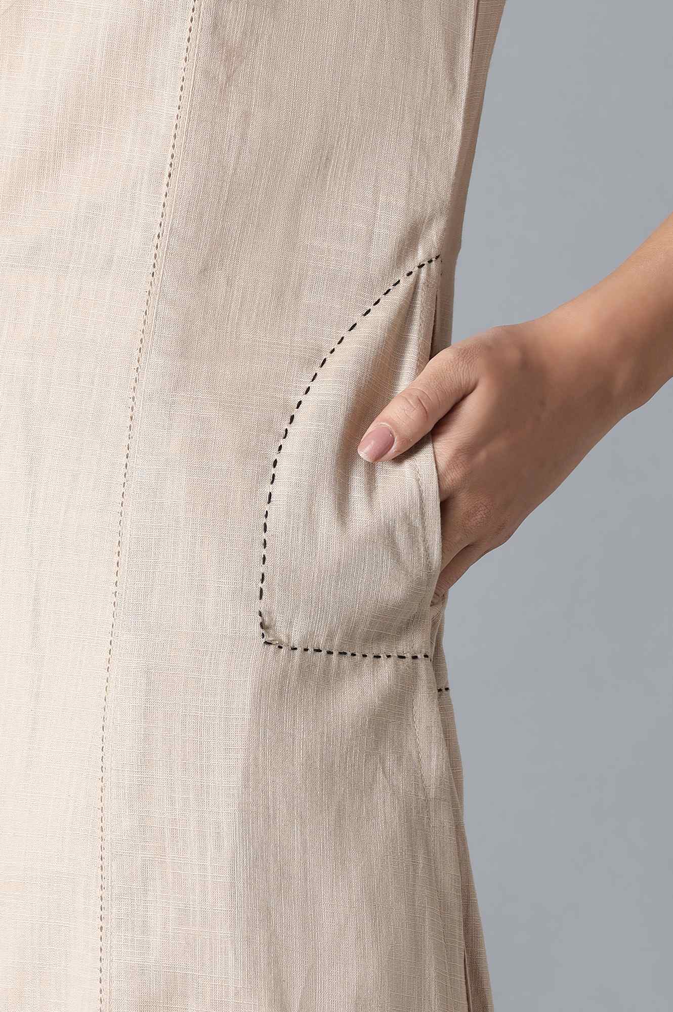 Beige Classic A-Line kurta With Kantha In Round Neck - Image 6