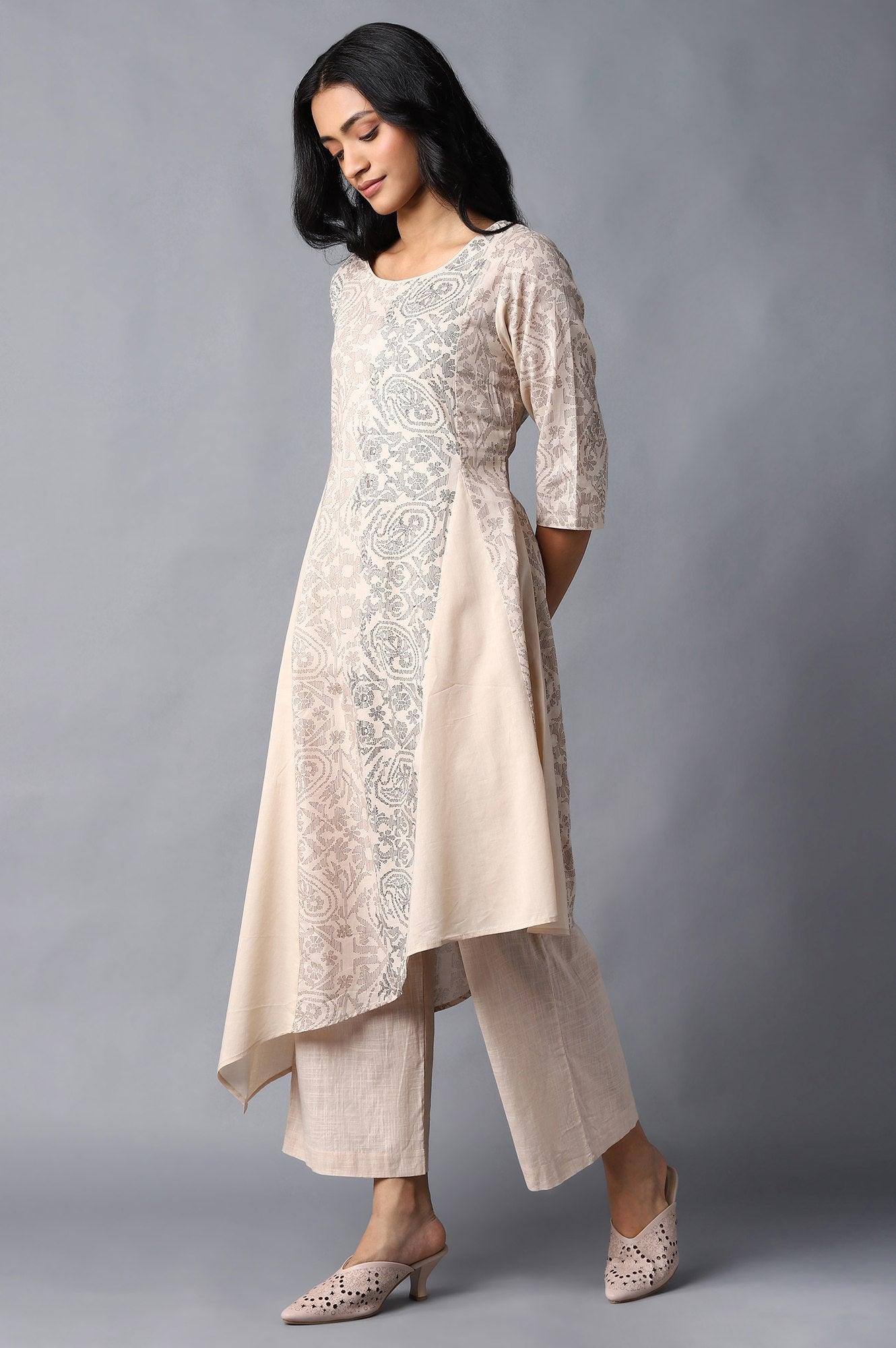 Beige Colour Blocked Asymmetric kurta In Floral Print And Round Neck - Image 3
