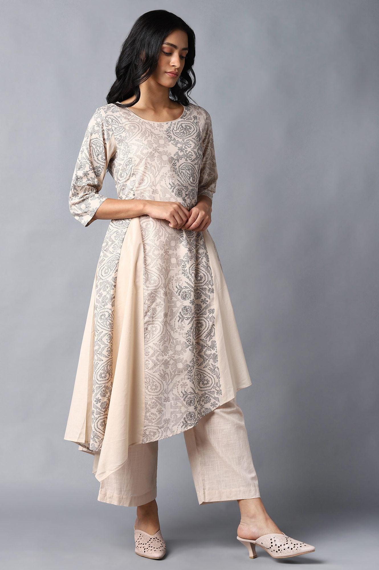 Beige Colour Blocked Asymmetric kurta In Floral Print And Round Neck - Image 4