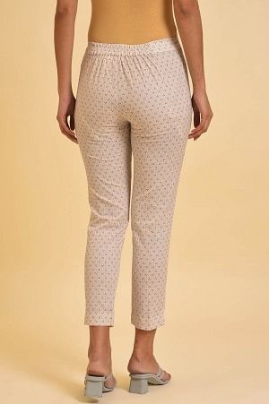 Beige Cotton Flax Printed Slim Pants - Image 2