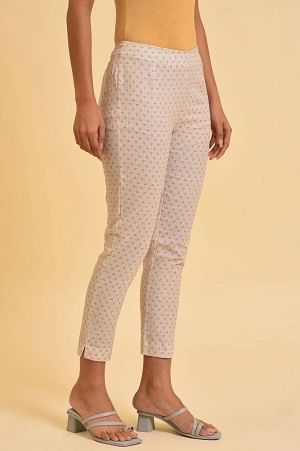 Beige Cotton Flax Printed Slim Pants - Image 4