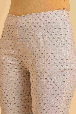 Beige Cotton Flax Printed Slim Pants - Image 7