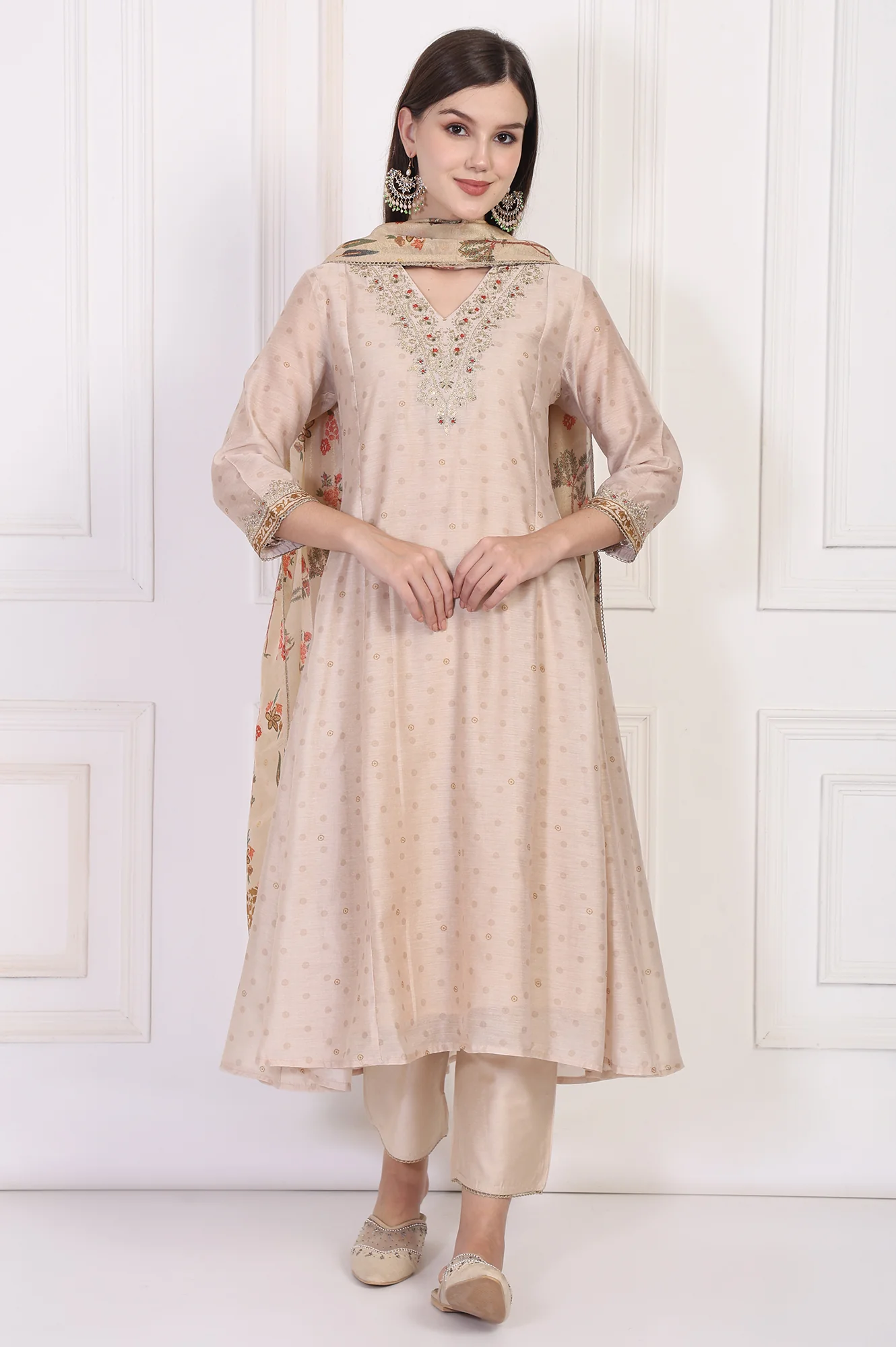 Beige Embroidered A-Line Chanderi Kurta with Straight Pant and Dupatta Set - Image 2