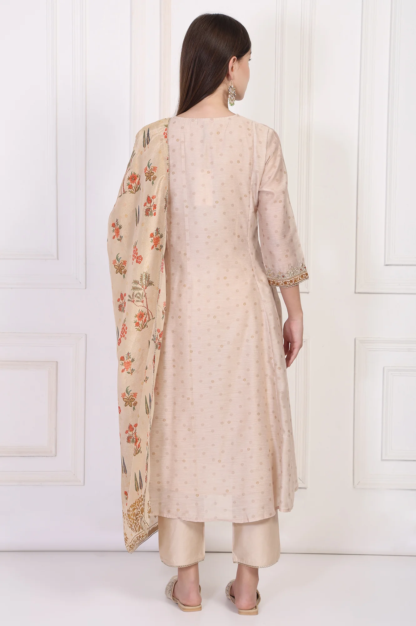 Beige Embroidered A-Line Chanderi Kurta with Straight Pant and Dupatta Set - Image 5