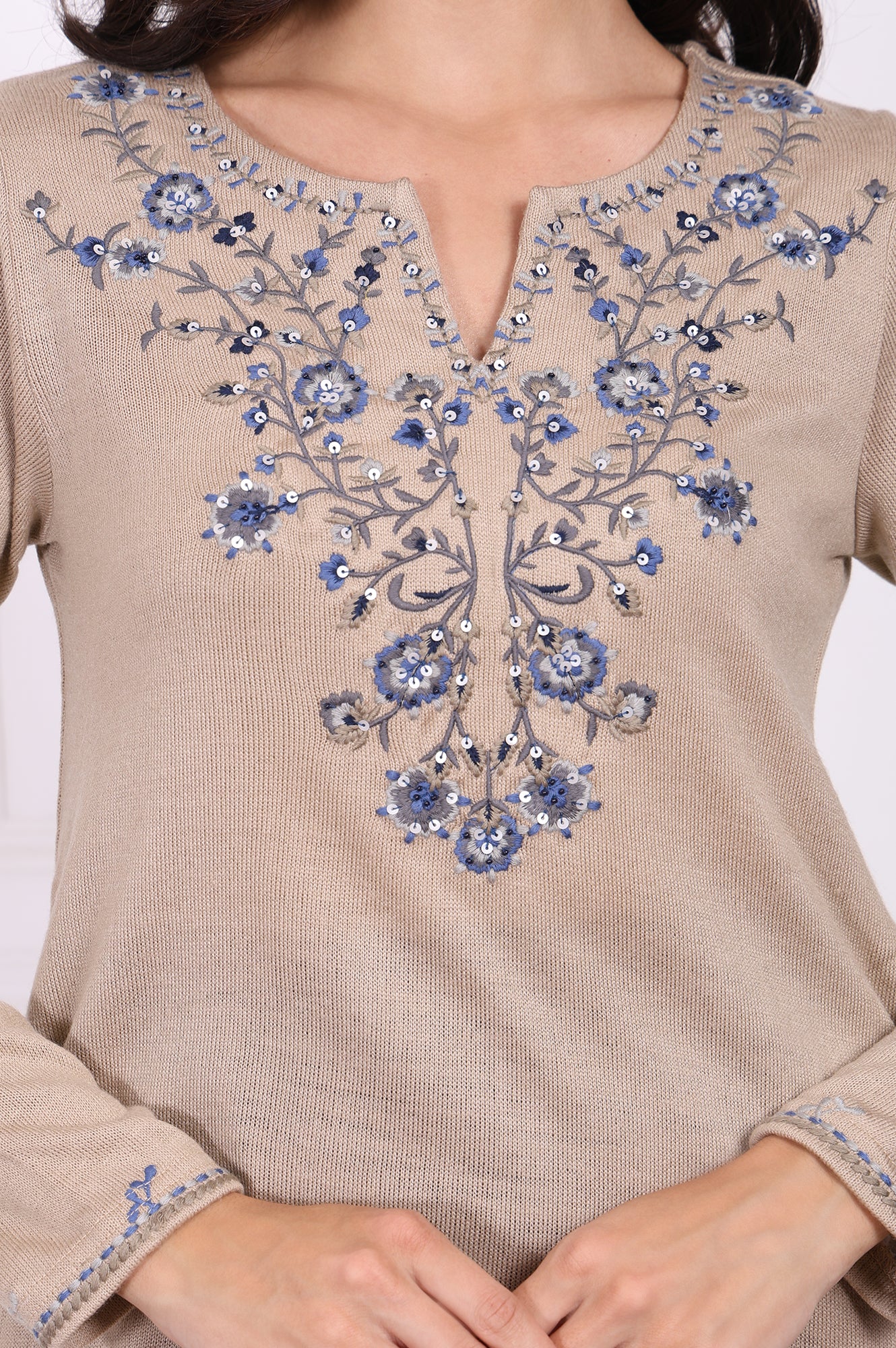 Beige Embroidered Acrylic Straight Tunic - Image 3