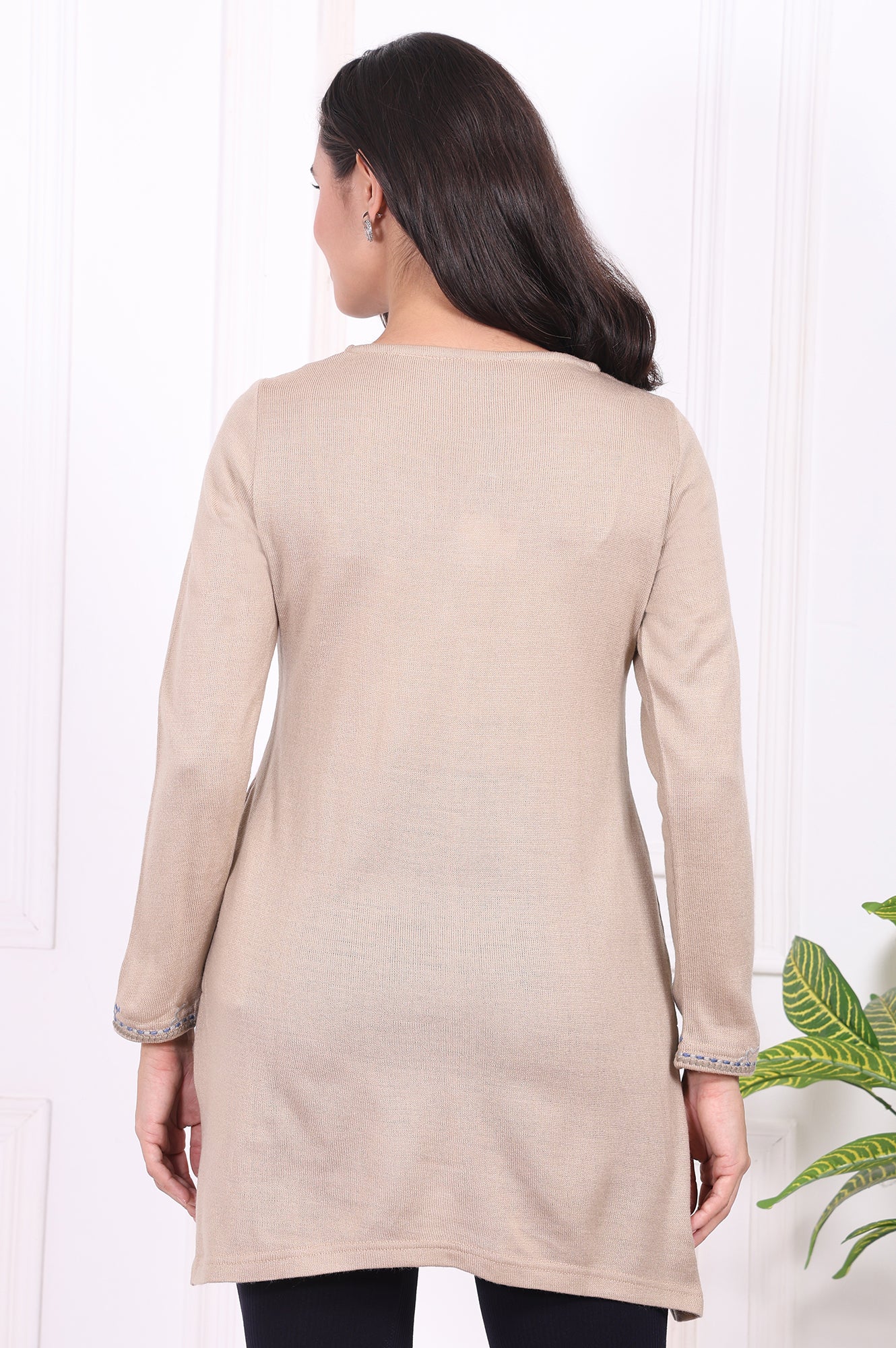 Beige Embroidered Acrylic Straight Tunic - Image 5