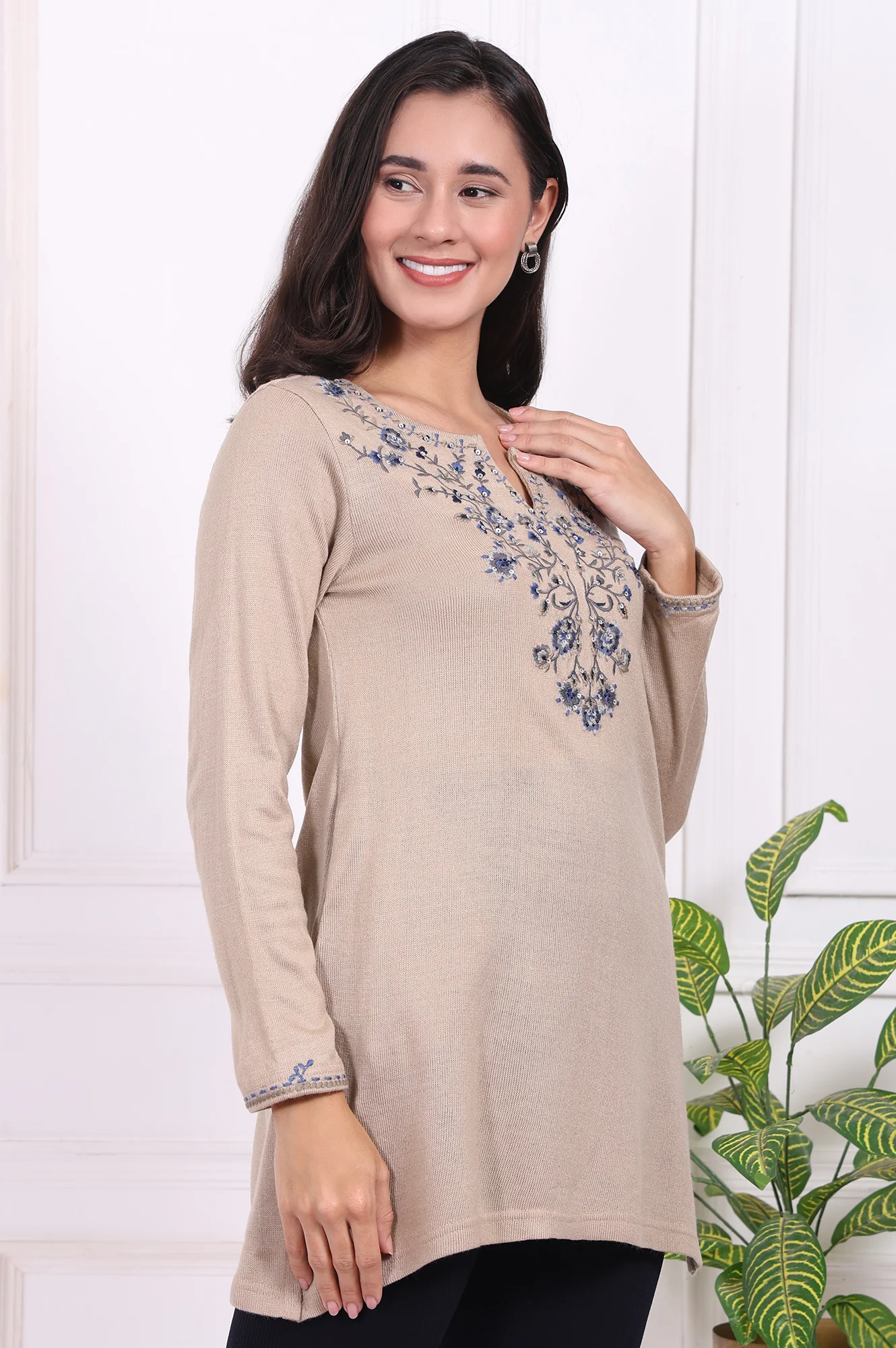 Beige Embroidered Acrylic Straight Tunic - Image 6