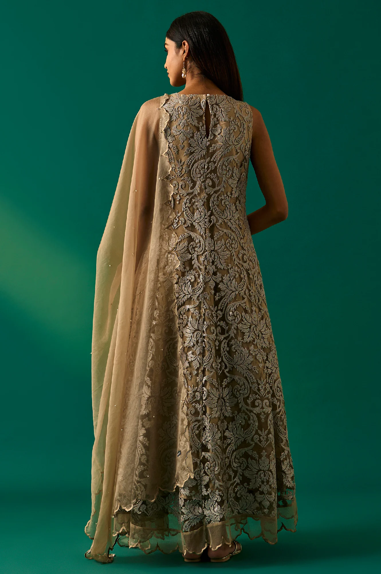 Beige Embroidered Anarkali Dress with Churidar and Dupatta Set - Image 4