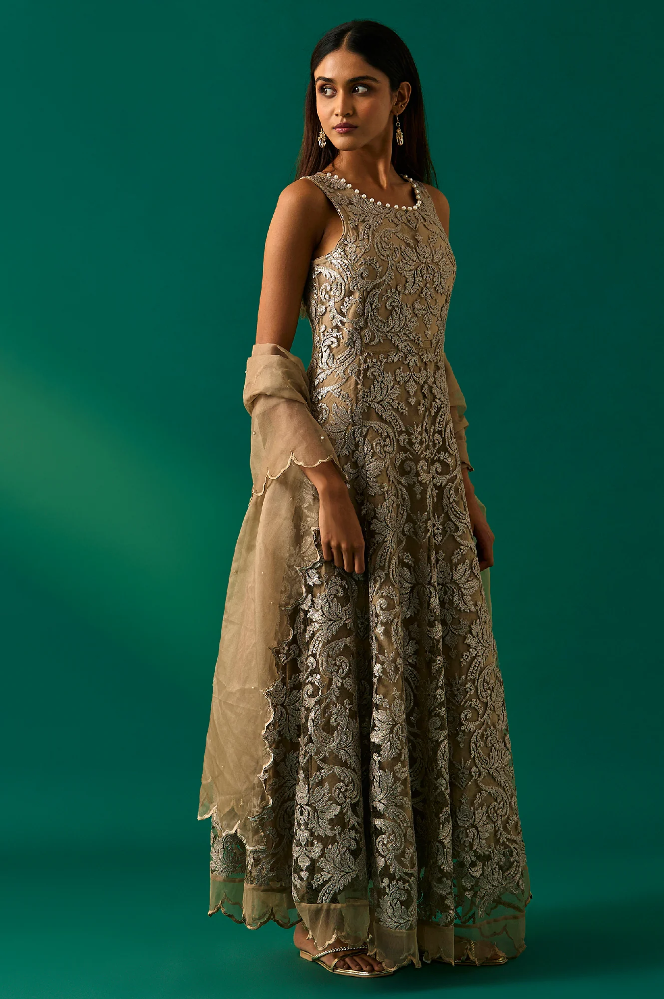 Beige Embroidered Anarkali Dress with Churidar and Dupatta Set - Image 5