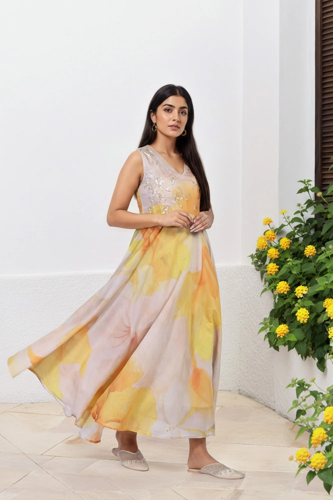 Beige Embroidered Organza Anarkali Kurta Set Dupatta Set - Image 5