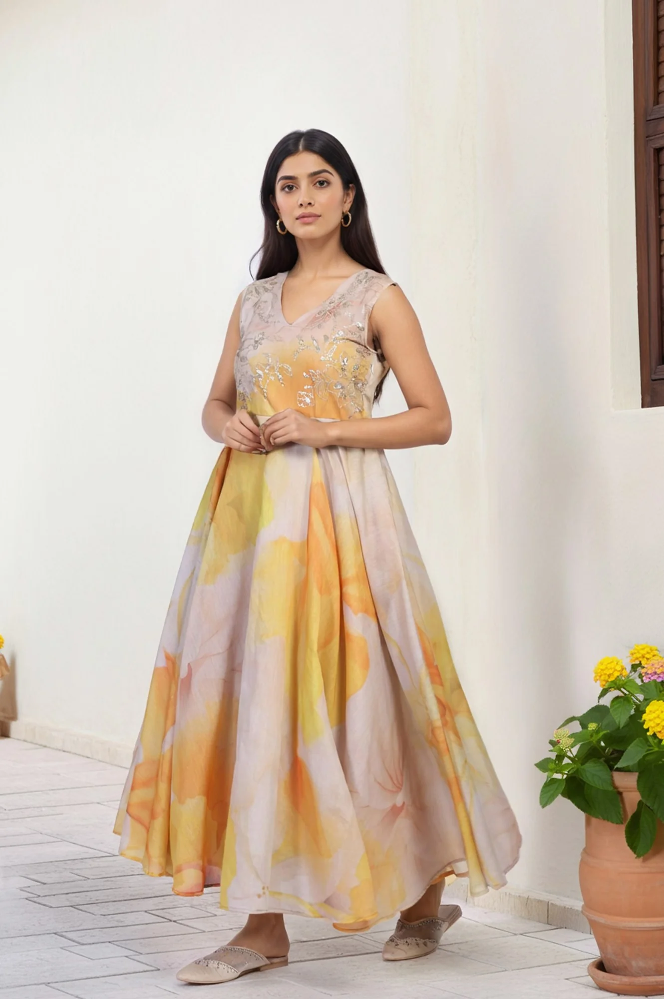 Beige Embroidered Organza Anarkali Kurta Set Dupatta Set - Image 7