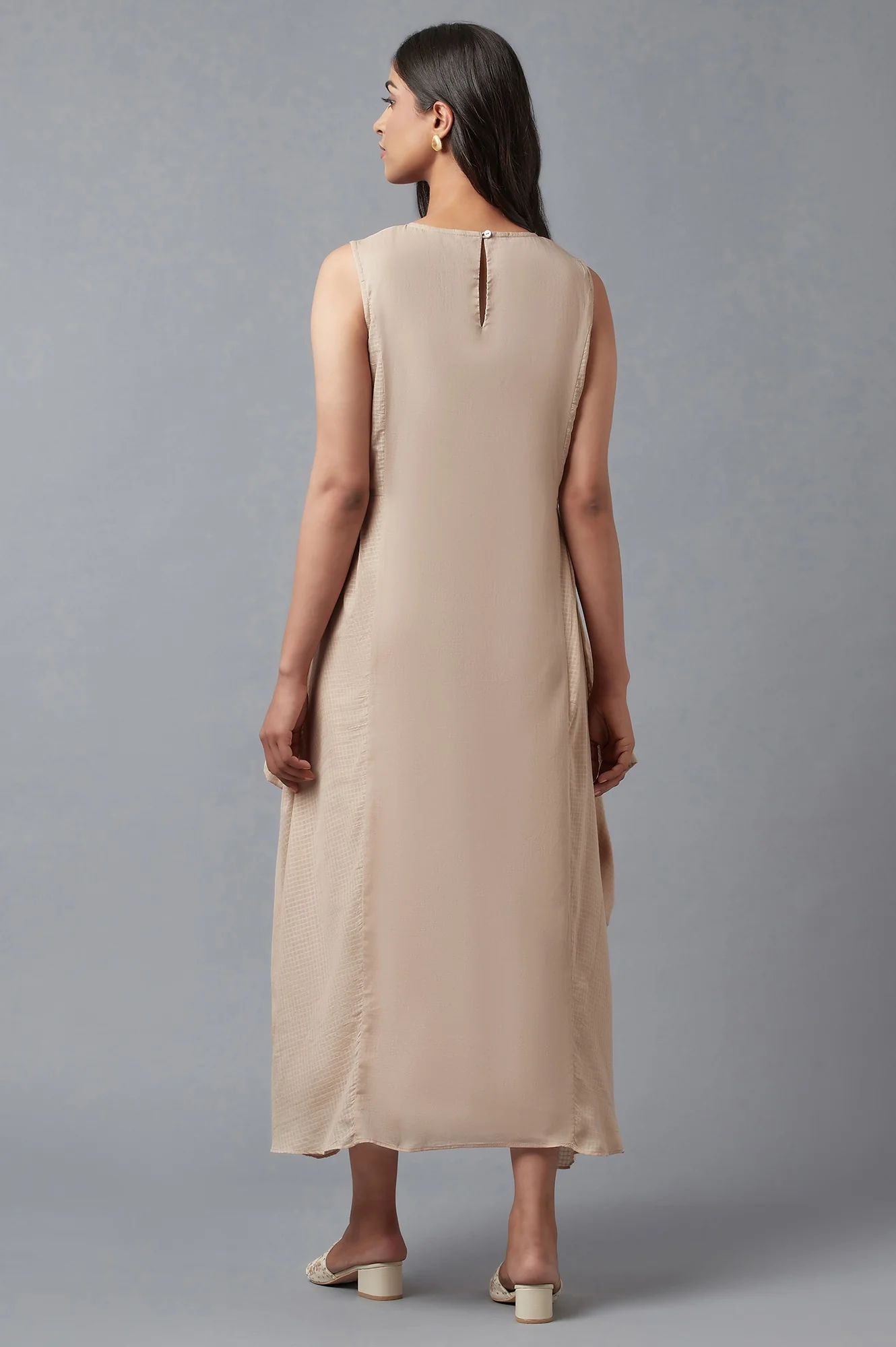 Beige Embroidered Cowl Dress In Round Neck - Image 2