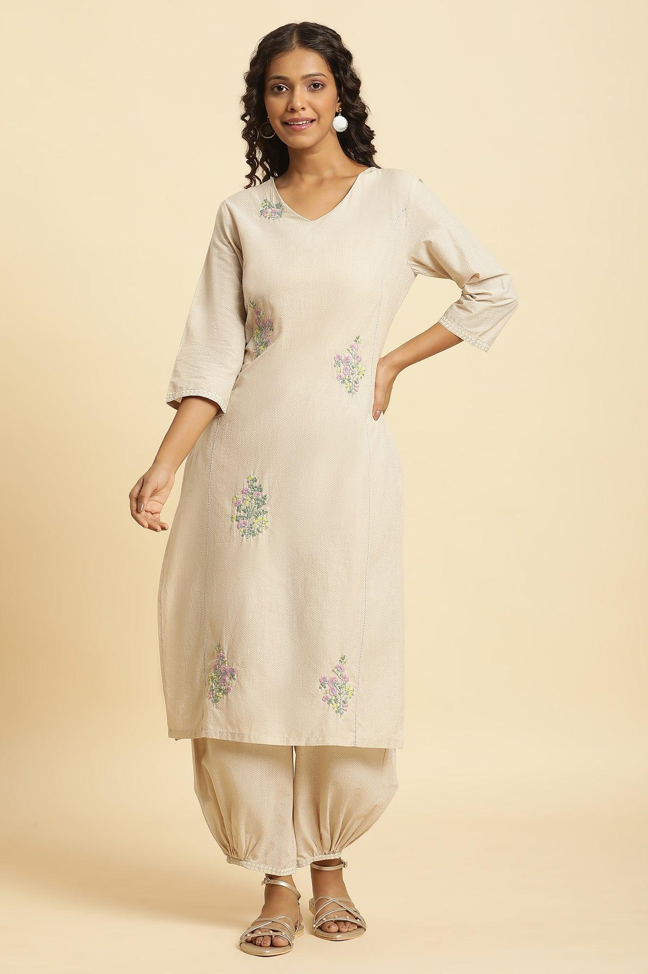 Beige Embroidered Kurta And Gathered Salwar Set - Image 2