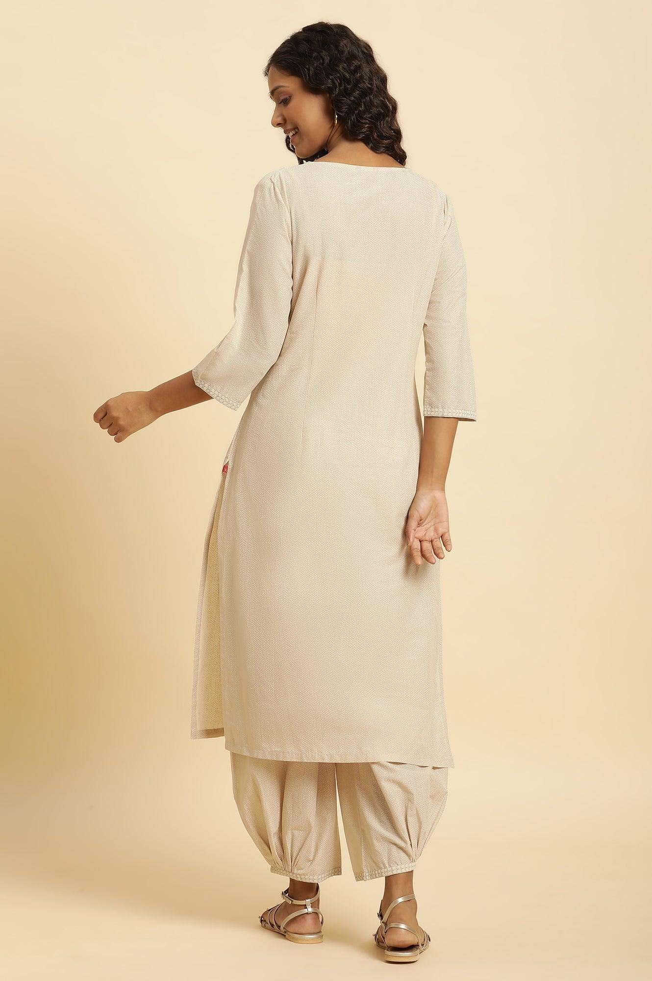 Beige Embroidered Kurta And Gathered Salwar Set - Image 4