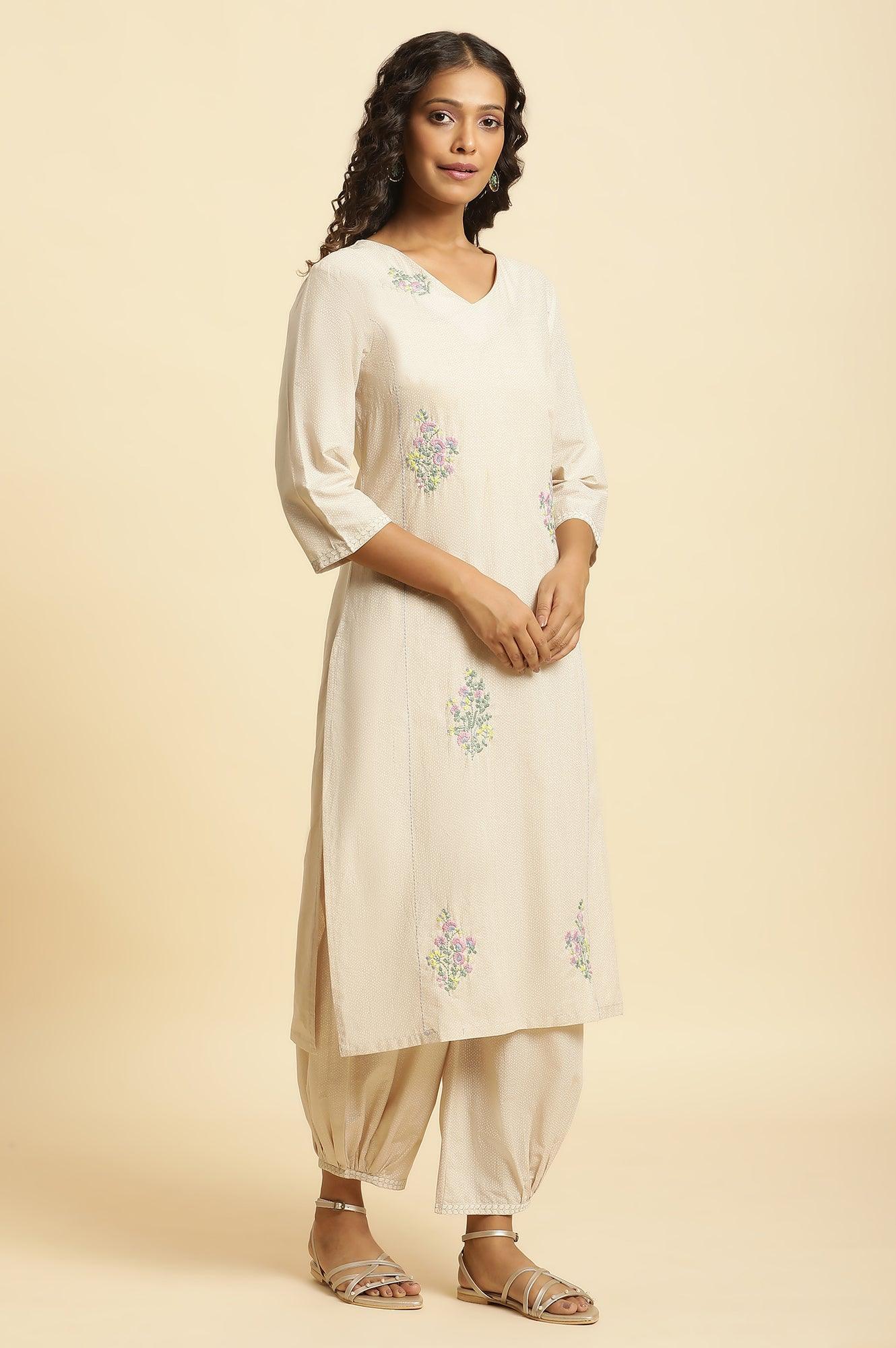 Beige Embroidered Kurta And Gathered Salwar Set - Image 5