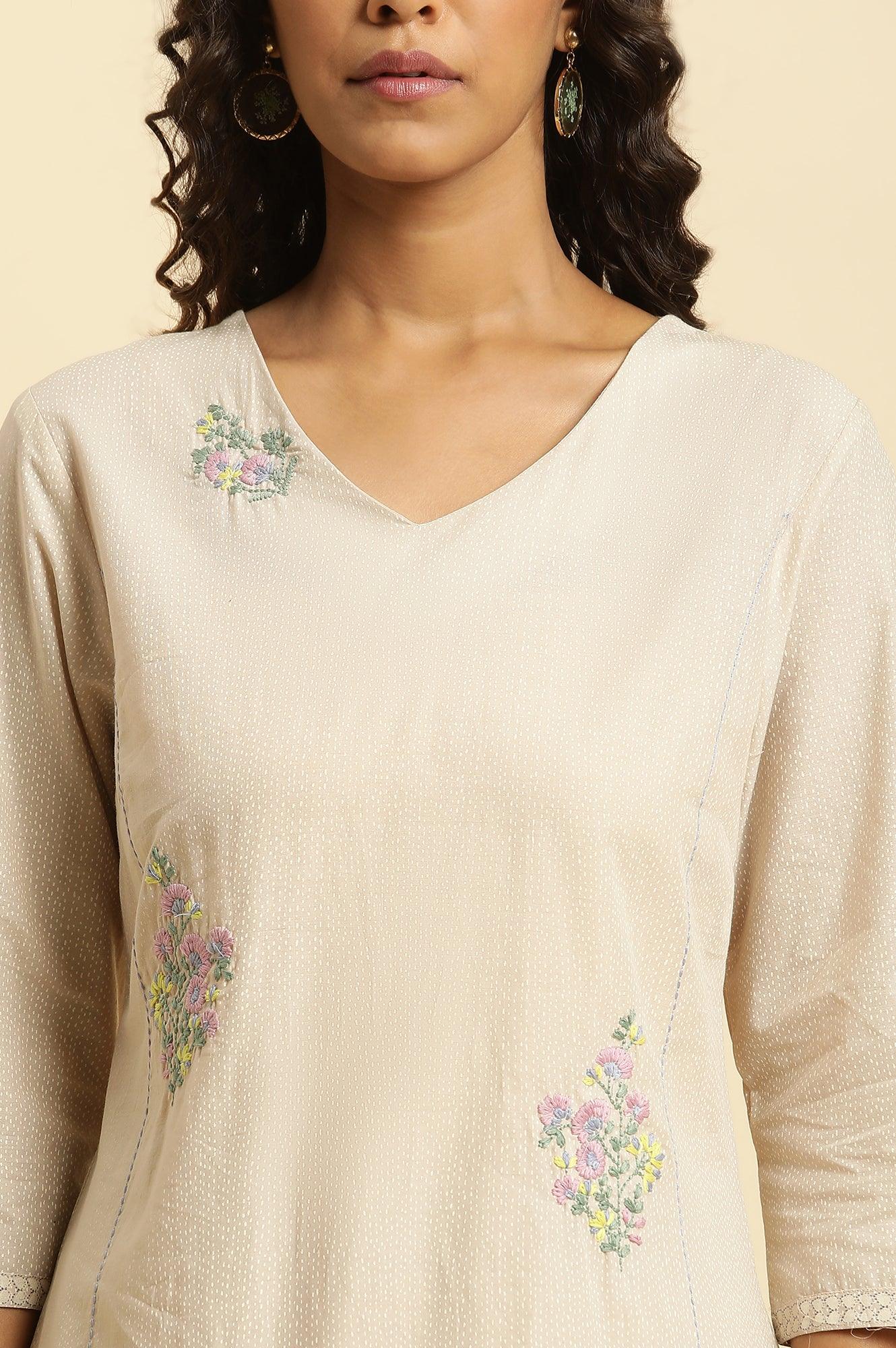 Beige Embroidered Kurta And Gathered Salwar Set - Image 6