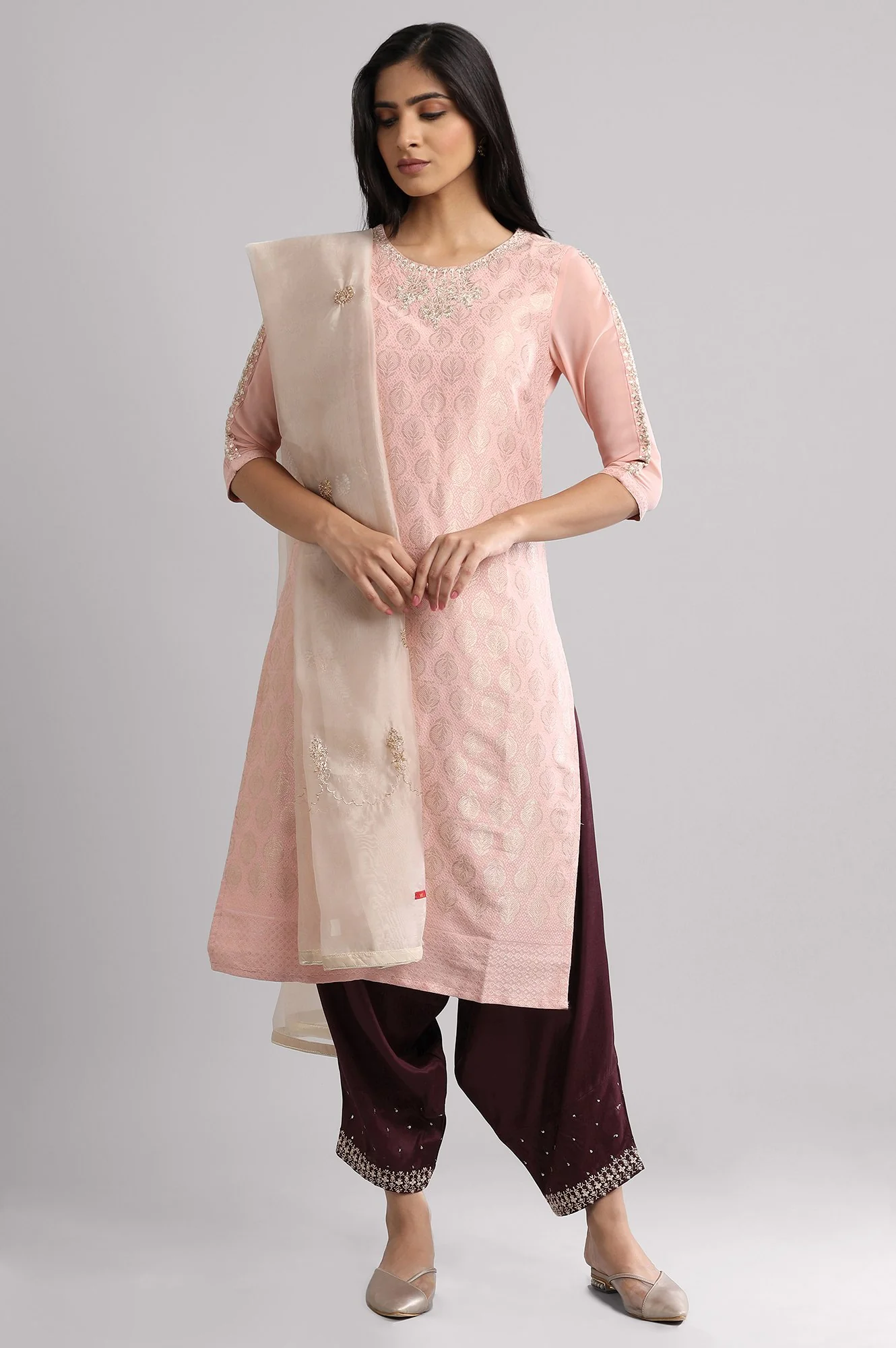 Beige Embroidered Organza Dupatta - Image 3
