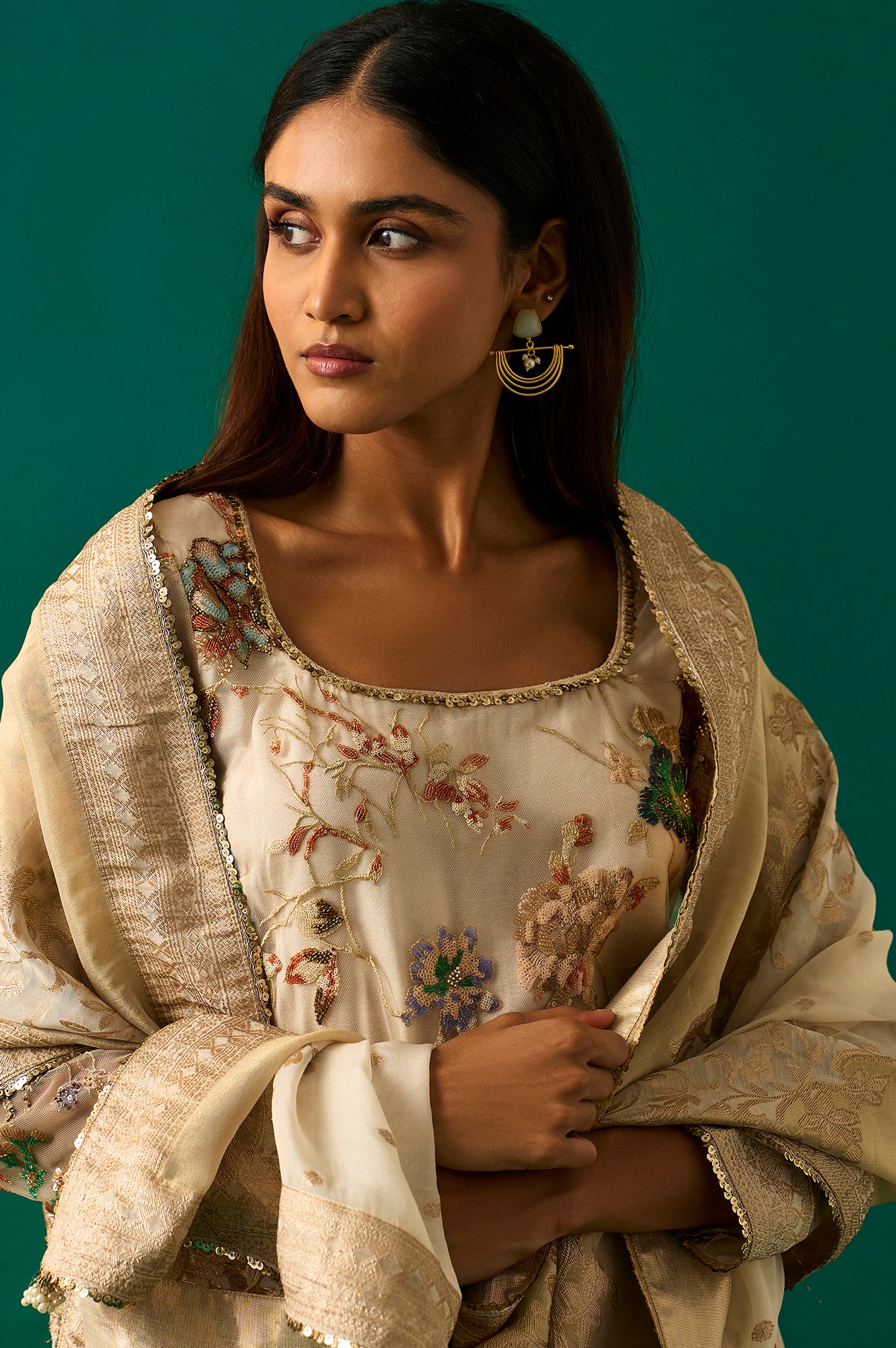 Beige Embroidered Straight Tissue Kurta with Sharara and Dupatta Set - Image 2