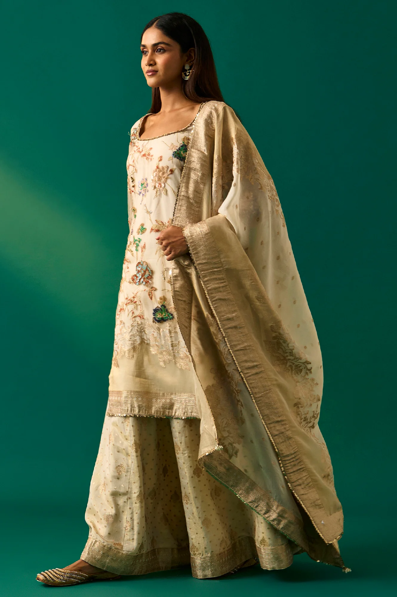 Beige Embroidered Straight Tissue Kurta with Sharara and Dupatta Set - Image 3