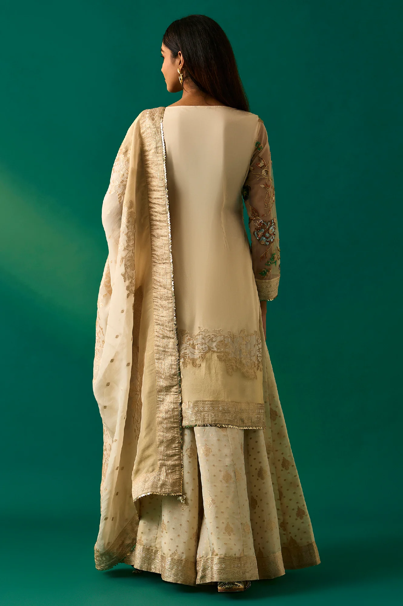 Beige Embroidered Straight Tissue Kurta with Sharara and Dupatta Set - Image 4