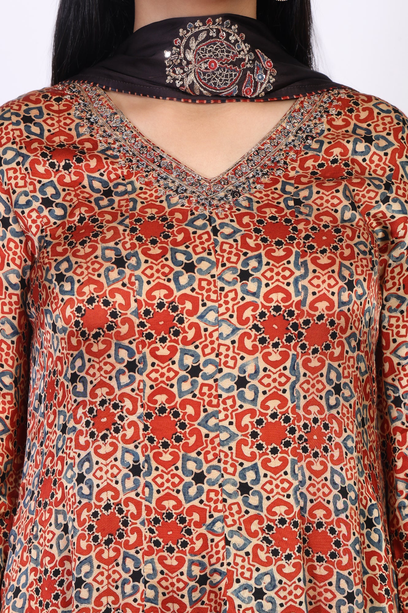 Beige Ethnic Motifs Printed Embellished Anarkali Satin Kurta with Straight Pant and Dupatta Set - Image 3
