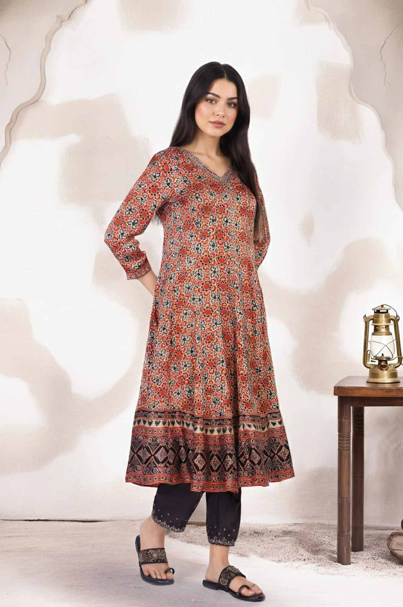 Beige Ethnic Motifs Printed Embellished Anarkali Satin Kurta with Straight Pant and Dupatta Set - Image 4