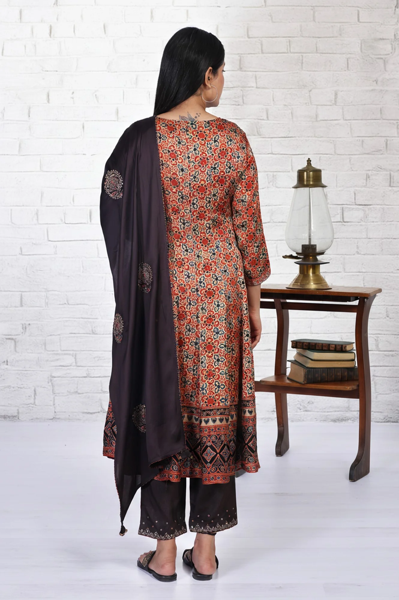 Beige Ethnic Motifs Printed Embellished Anarkali Satin Kurta with Straight Pant and Dupatta Set - Image 5